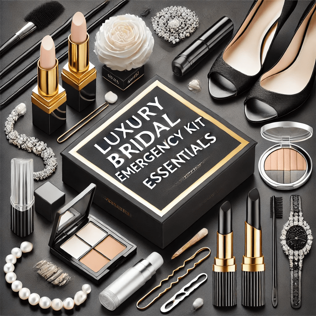  modern and edgy thumbnail image designed for a luxury bridal emergency kit wishlist by Hello Darlin' Glam, a leading bridal hair and makeup service in Des Moines Iowa. The background features bold, contrasting black and white colors with metallic silver and gold accents, reflecting a high-end, luxury bridal vibe. Sleek makeup items, metallic hairpins, and fashion emergency tools are highlighted, with gold accents and pearls adding elegance. The text "Luxury Bridal Emergency Kit Essentials" is displayed in a stylish font, catering to brides in Des Moines looking for premium bridal hair and makeup services.